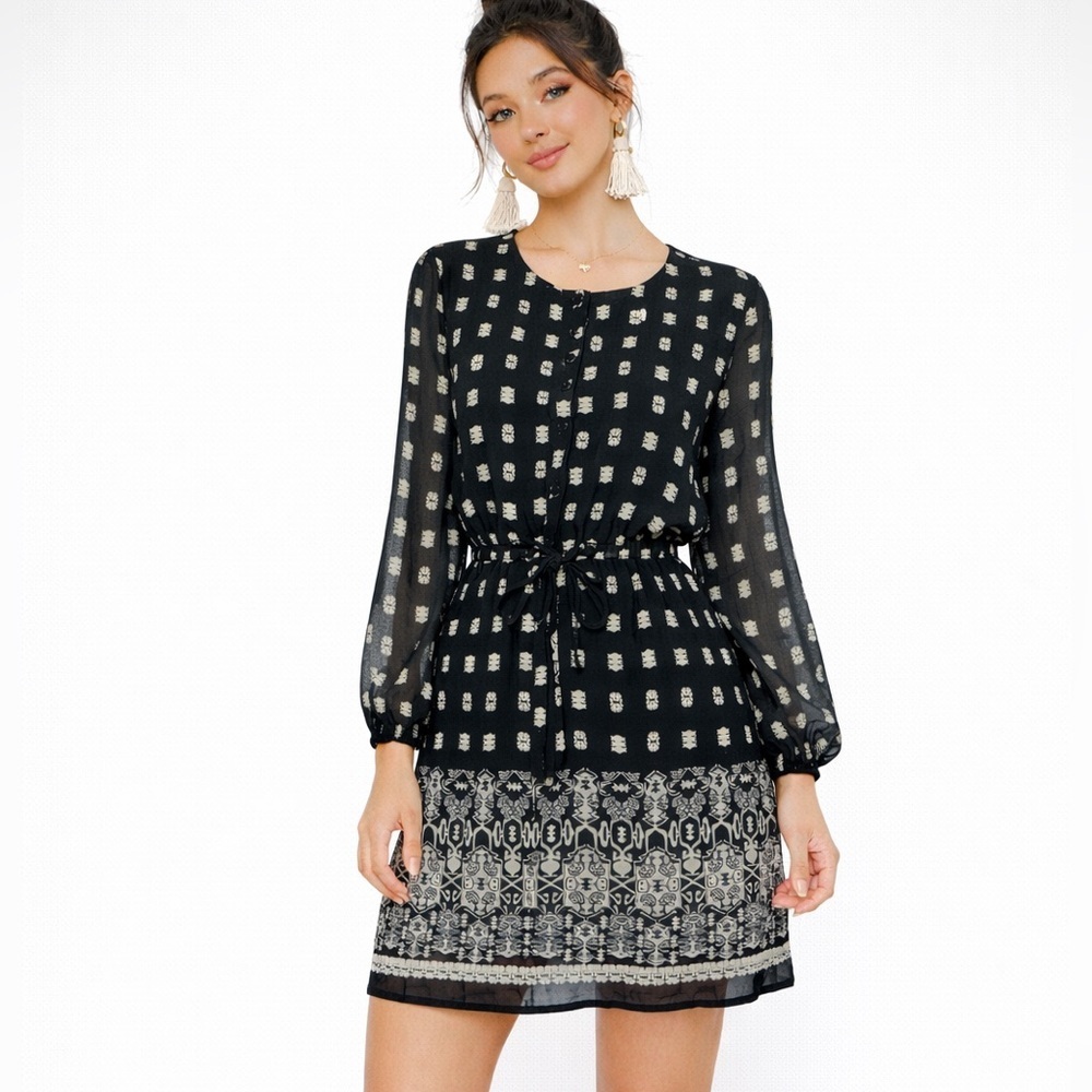 Japan Black White Tribal Geo Print Long Sleeve Chiffon Mini  Dress Size Small